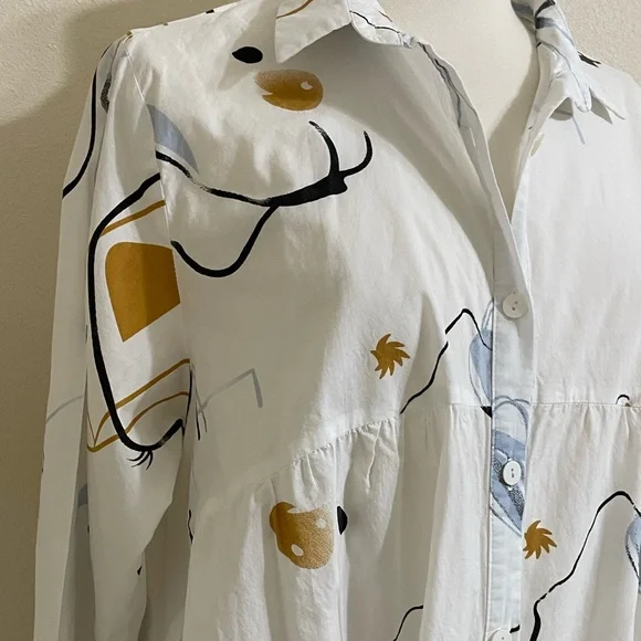 BUYKUD White Cotton Tunic Button Down Top Abstract Artsy Print Flowy Fit Medium - Picture 6 of 12
